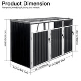 Dimensions of a black outdoor storage shed with text indicating features.