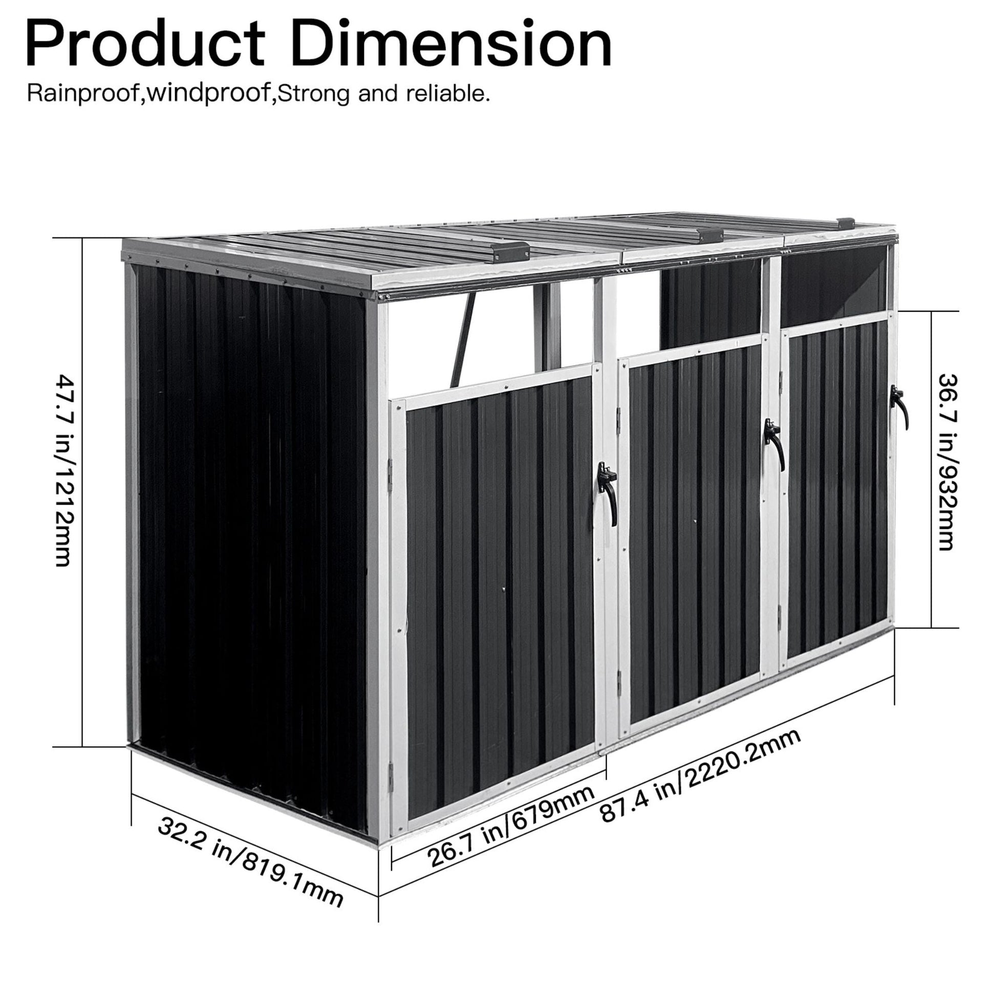 Dimensions of a black outdoor storage shed with text indicating features.
