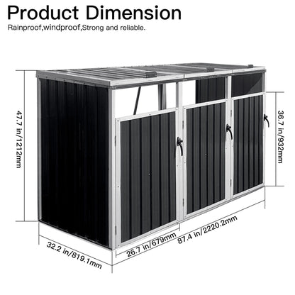 Dimensions of a black outdoor storage shed with text indicating features.