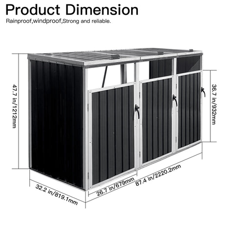 Dimensions of a black outdoor storage shed with text indicating features.