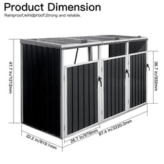 Dimensions of a black outdoor storage shed with text indicating features.