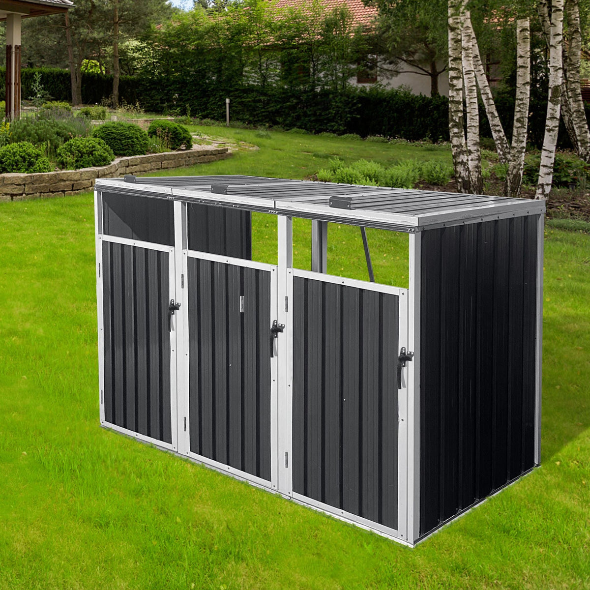 Black outdoor storage shed with white trim on a grassy lawn