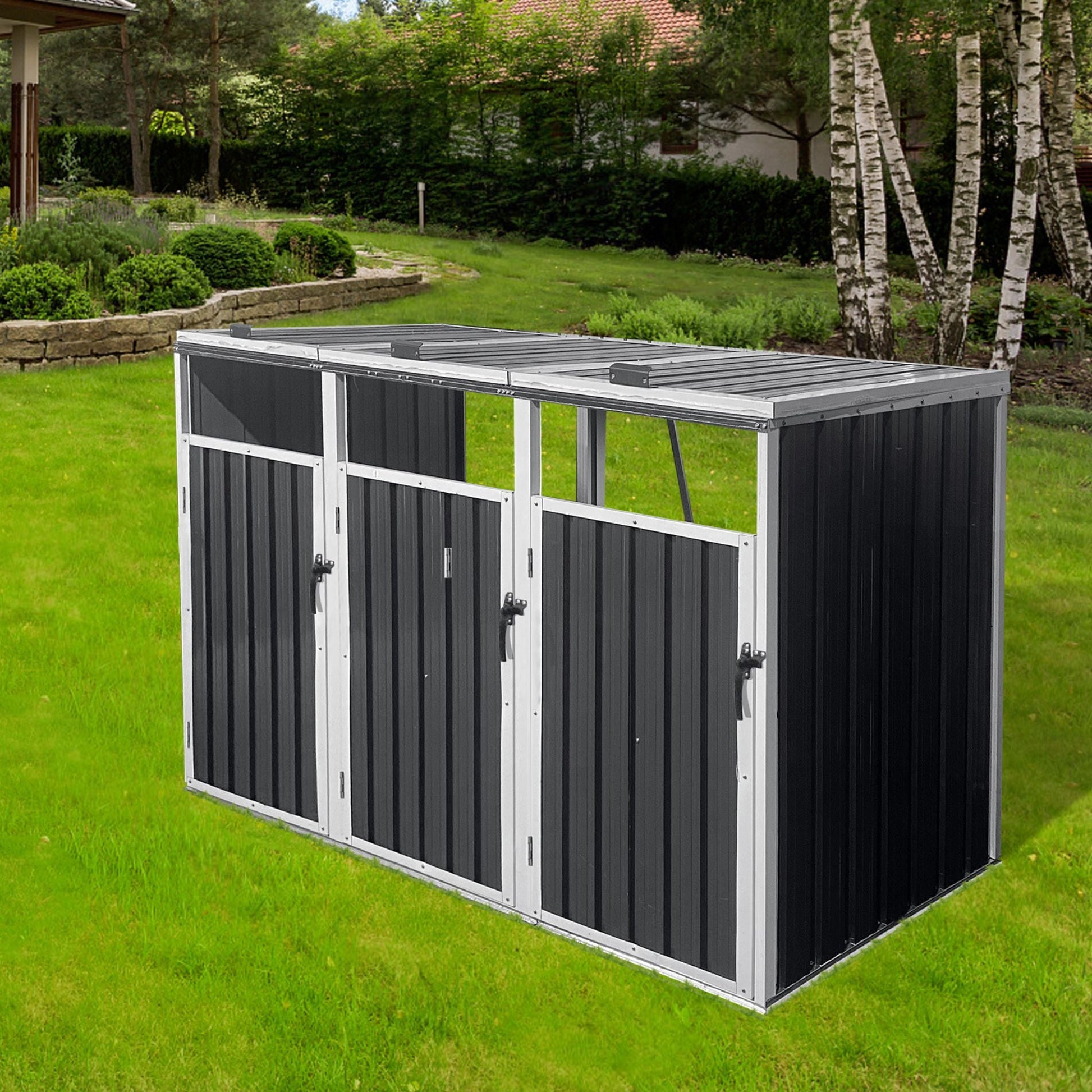 Black outdoor storage shed with white trim on a grassy lawn