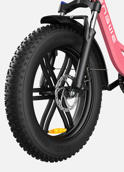 20 x 4.0-inch fat tires of Engwe L20 on rugged trail

