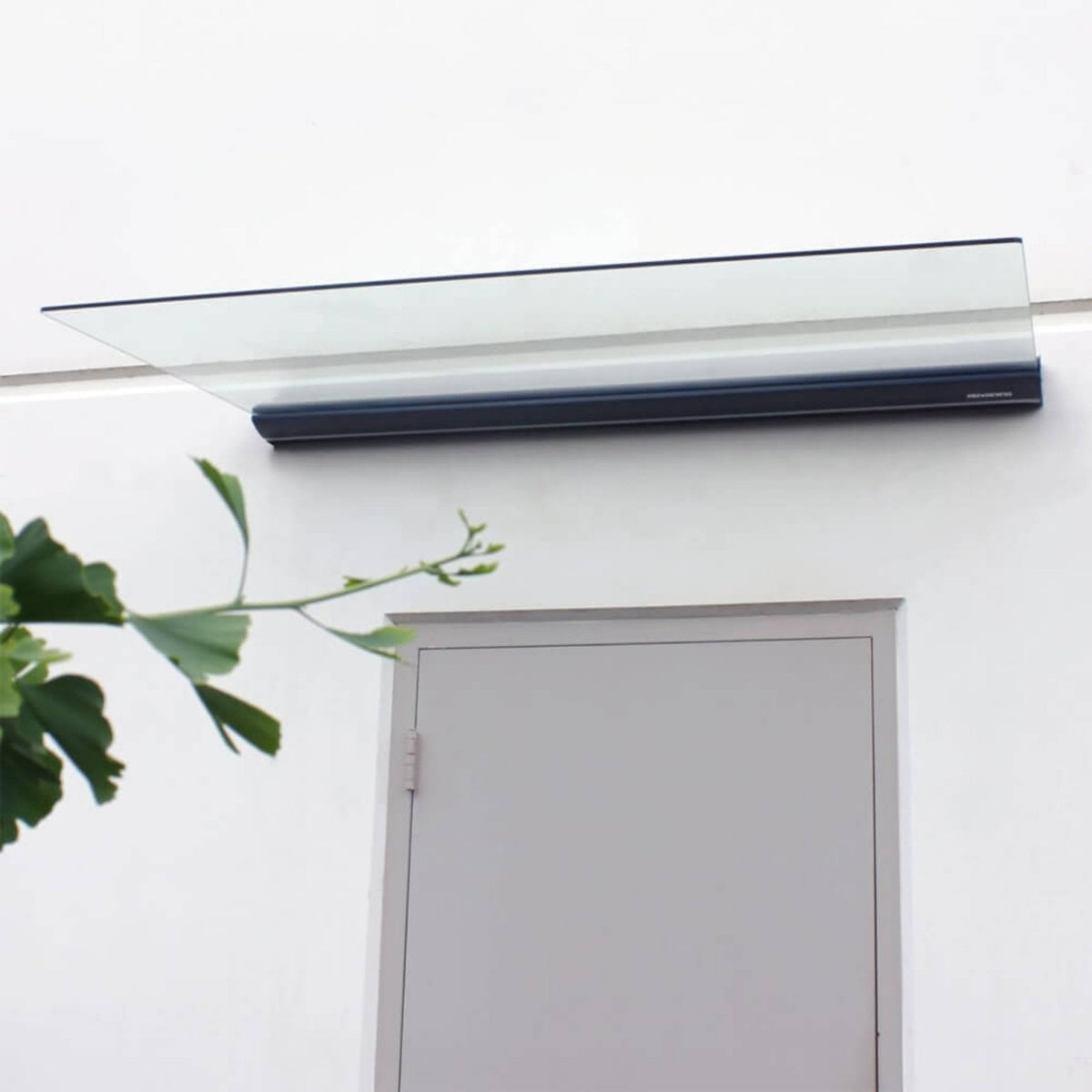 Roll-up solar window blind on a white door with a plant in the foreground