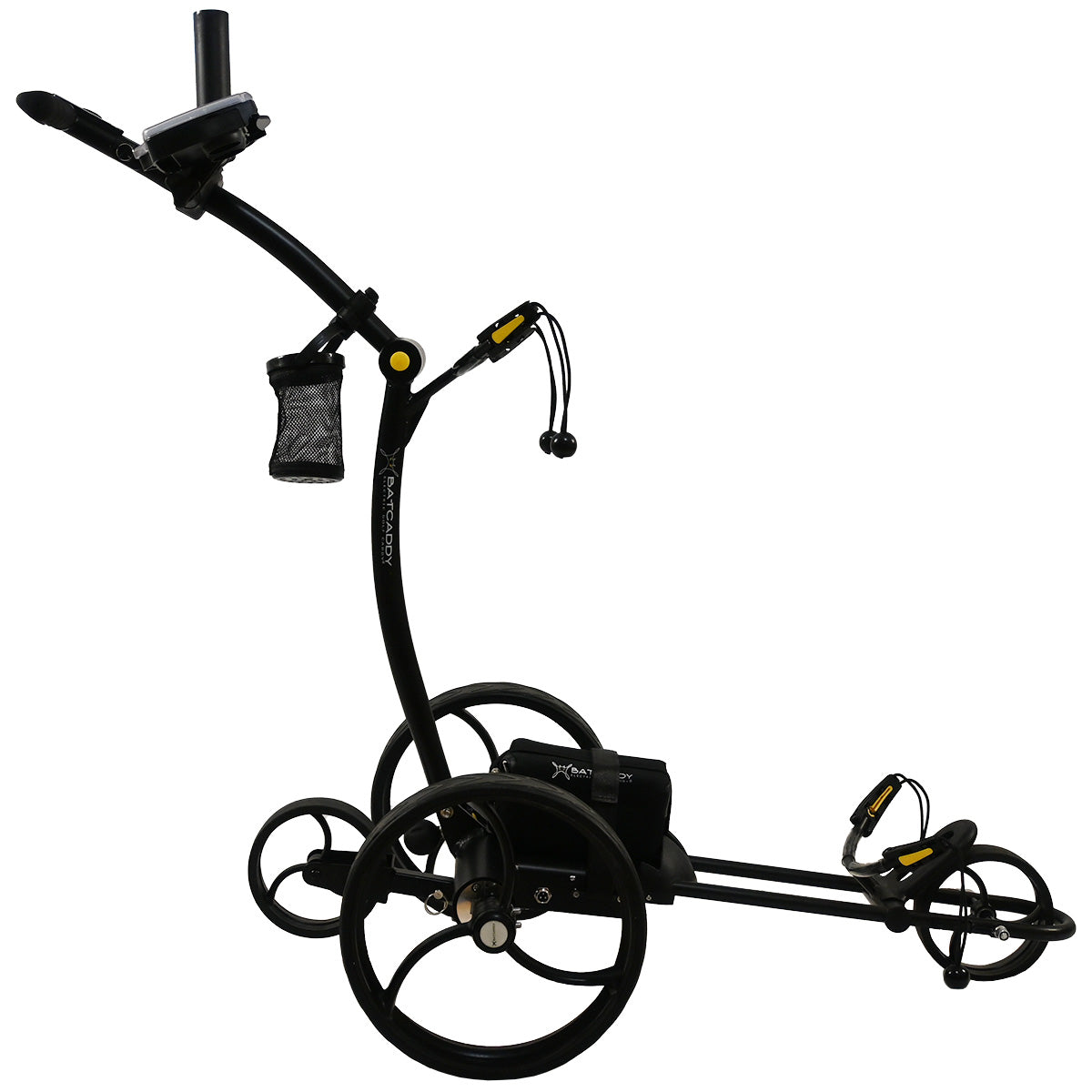Black and yellow golf trolley on a white background