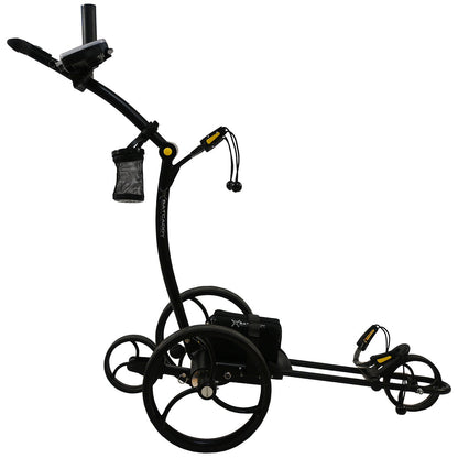 Black and yellow golf trolley on a white background