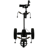 Black golf trolley with a camera mount on a white background