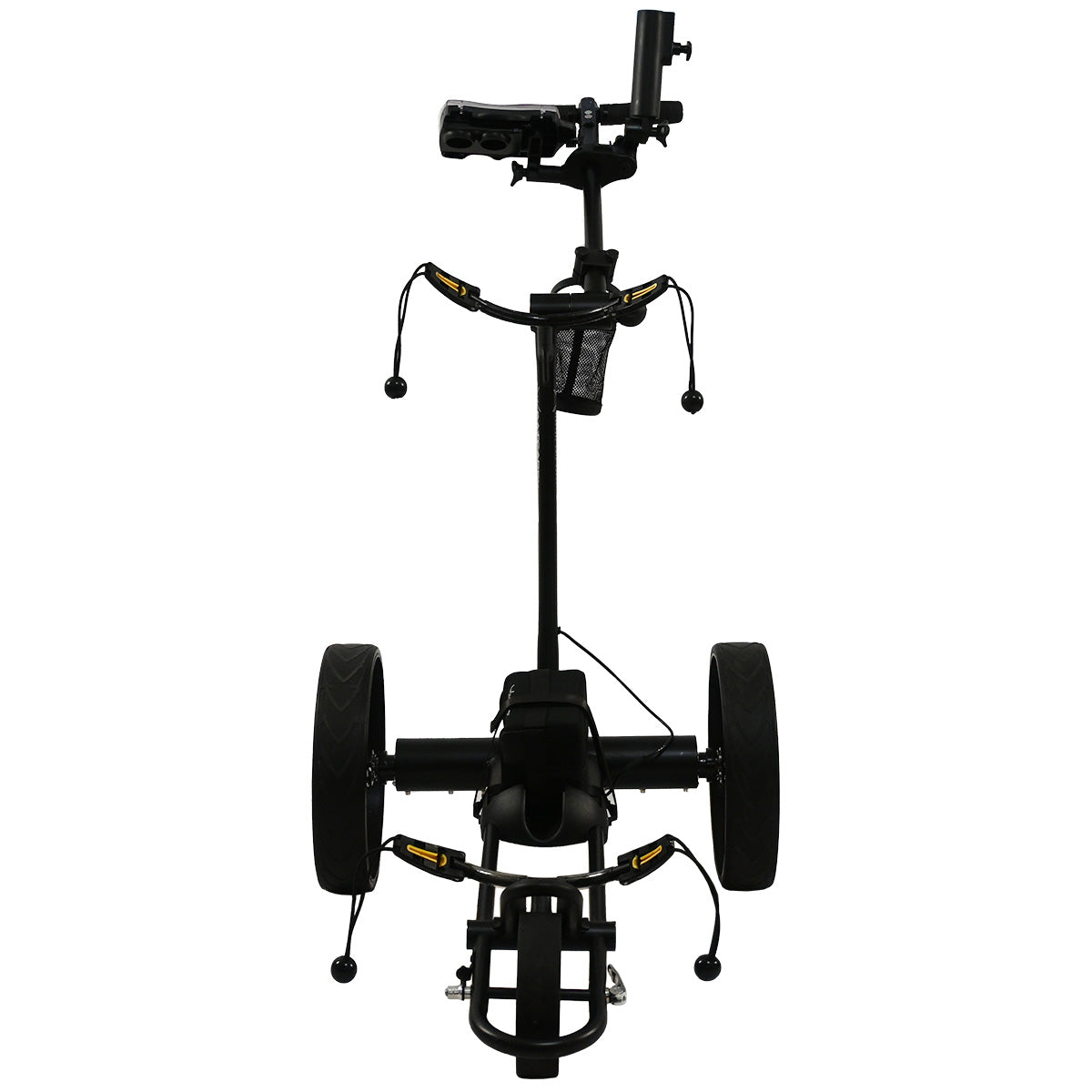 Black golf trolley with a camera mount on a white background