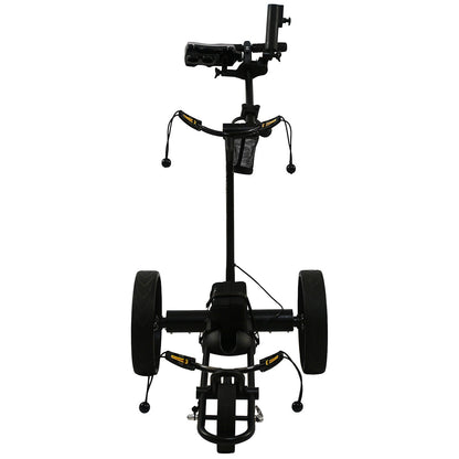 Black golf trolley with a camera mount on a white background
