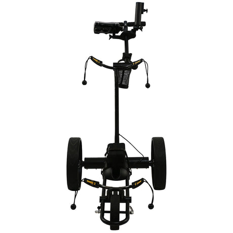 Black golf trolley with a camera mount on a white background