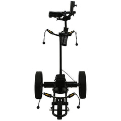 Black golf trolley with a camera mount on a white background