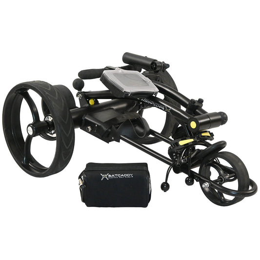 Black golf push cart with Batcaddy logo on a white background