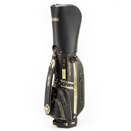 Black honma golf bag with gold accents on a white background