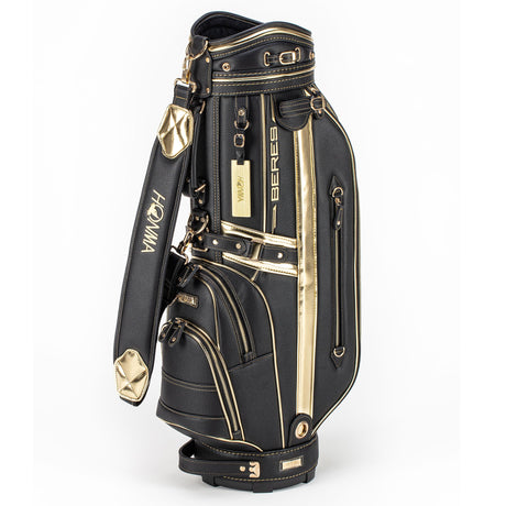 Black and gold golf bag with visible honma on a white background