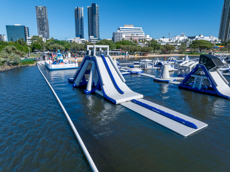 Aquaglide La Jefa TR aquapark aerial view – 24-person capacity inflatable lake water park centerpiece
