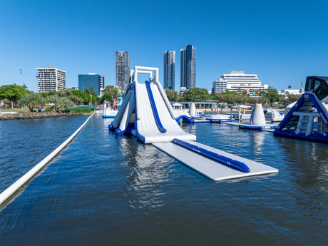 Aquaglide La Jefa TR Inflatable Aquapark – 24-Person Capacity, Climbing Wall, Slide and Jump Stations