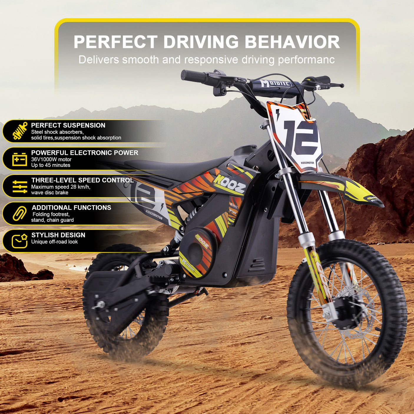 MotoTec 36V 1000W Electric Dirt Bike HP112E – Adjustable 6-18 MPH