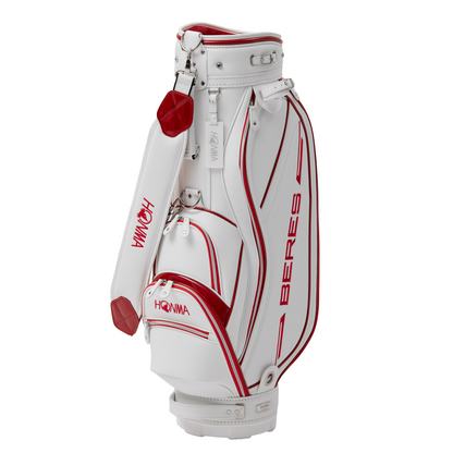 White golf bag with red accents and 'Honma' branding on a white background