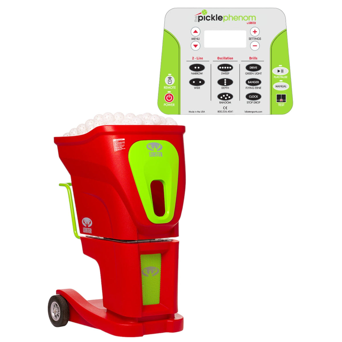 A red and green pickle phenom pickleball machine by Lobster Sports, featuring a control panel.