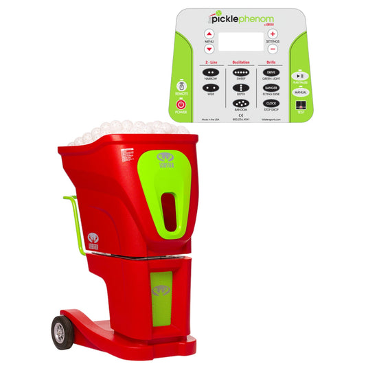 A red and green pickle phenom pickleball machine by Lobster Sports, featuring a control panel.