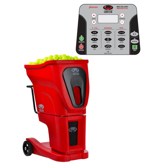 Red tennis ball machine with digital controller on a white background