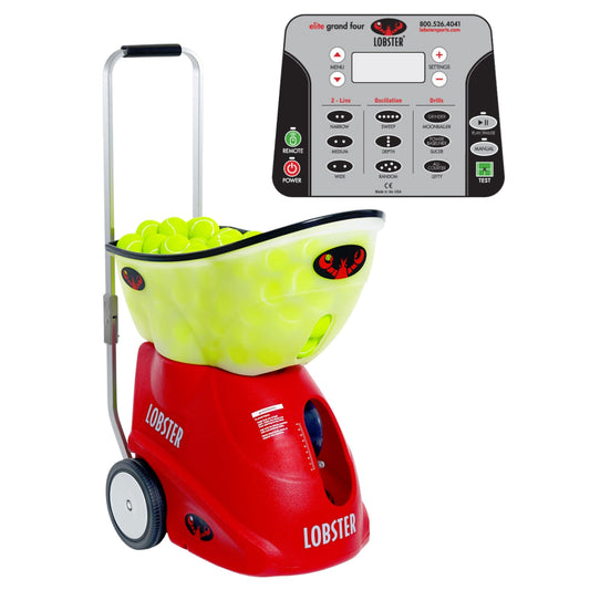 A red Lobster brand tennis ball machine with a black control panel, loaded with yellow tennis balls, on wheels for mobility.