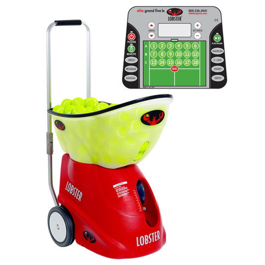 A red and green tennis ball machine with a control panel displaying various shot locations.