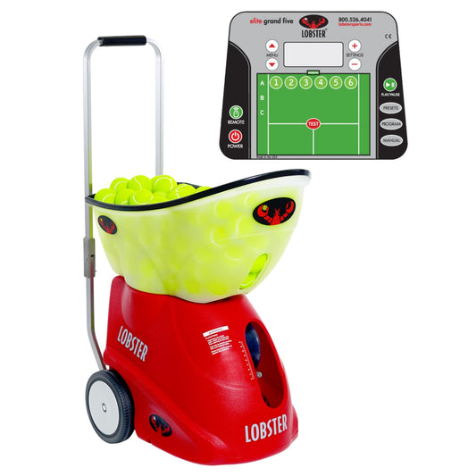 A red and yellow Lobster brand tennis ball machine with a green ball hopper. The machine has a control panel with a digital screen displaying various settings.