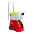 Red and white tennis ball machine with yellow balls on a white background