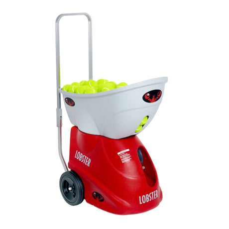 Red and white tennis ball machine with yellow balls on a white background