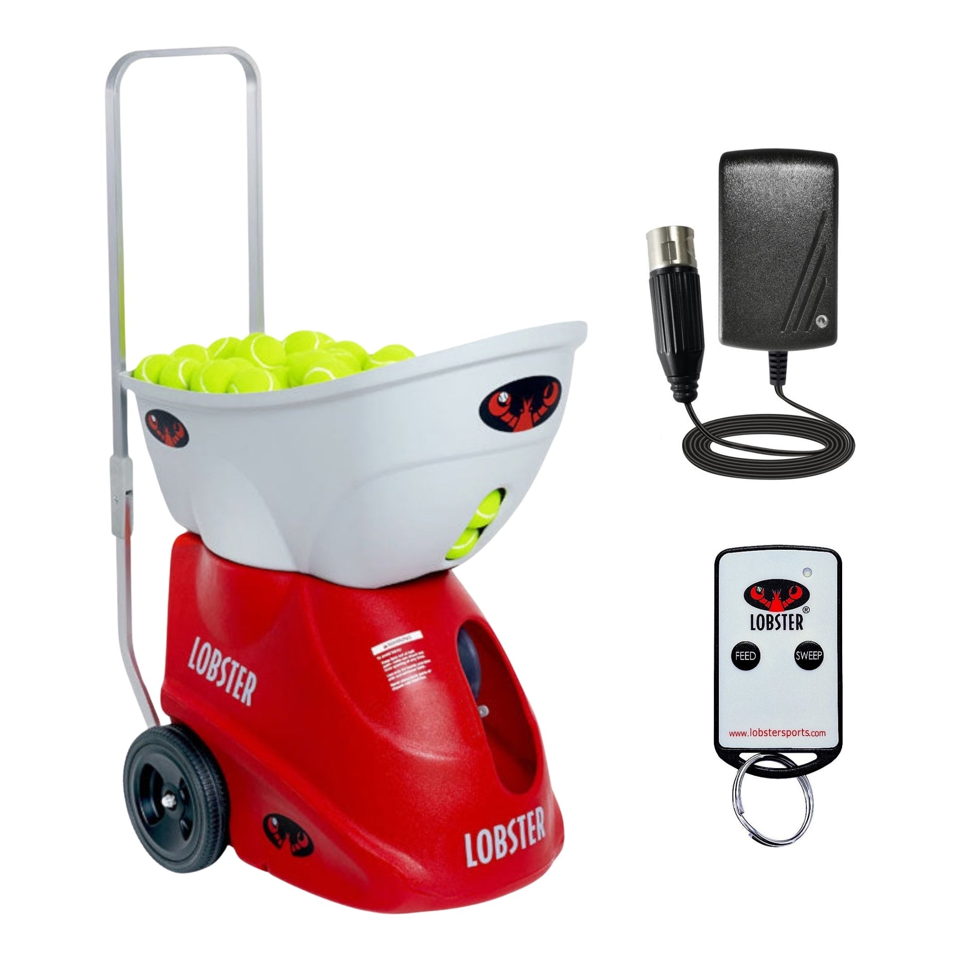Red and white tennis ball machine with wheels, filled with balls, and remote control on a white background.
