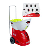 Red tennis ball machine with green balls and control panel on a white background
