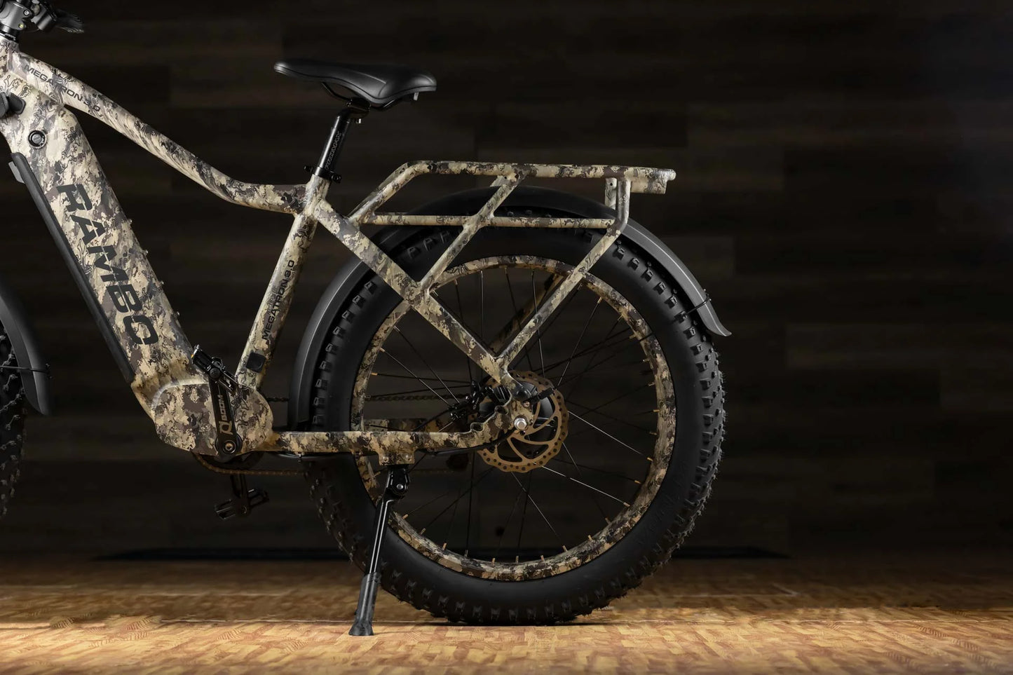 Integrated rear rack and fenders on Rambo Megatron 4.0 for hunting gear