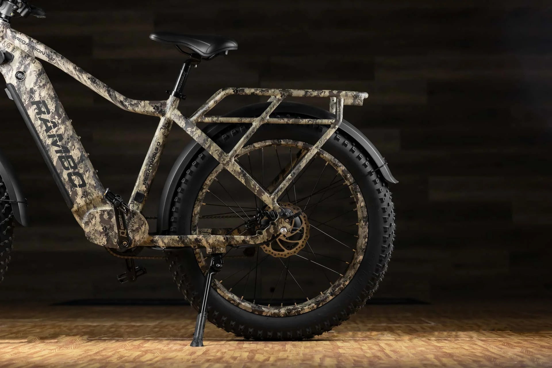 Integrated rear rack and fenders on Rambo Megatron 4.0 for hunting gear