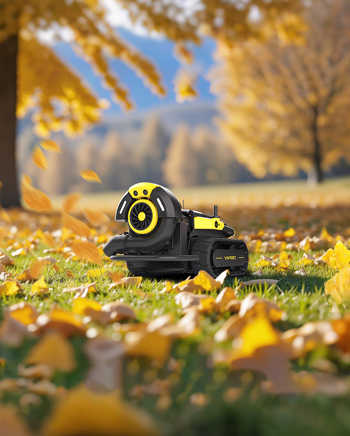 Yarbo Blower clearing leaves off a driveway