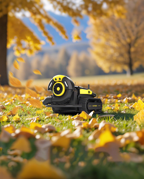 Yarbo Blower clearing leaves off a driveway