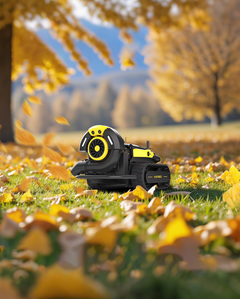 Yarbo Blower clearing leaves off a driveway