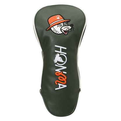 Golf club head cover with a cartoon character and 'Honma' branding on a white background