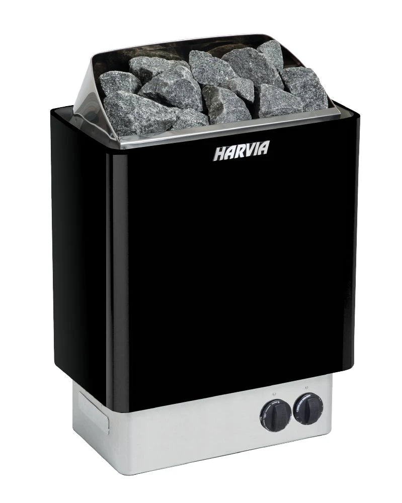 Harvia sauna with stones on a white background