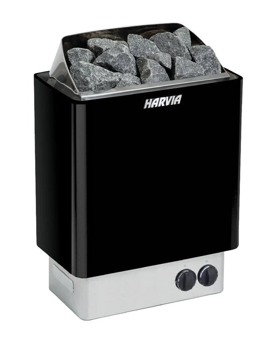 Harvia sauna with stones on a white background