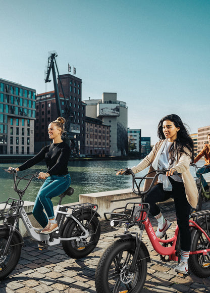 Engwe L20 step-through e-bike cruising in city street


