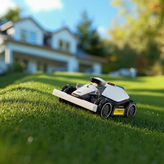 Robotic lawn mower on a grassy lawn with a blurred house in the background