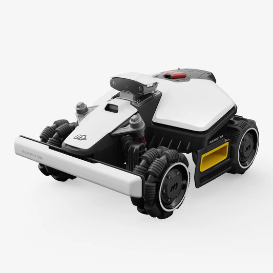 Robotic lawn mower on a white background