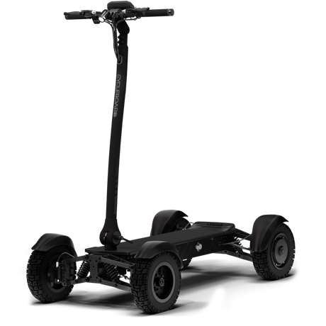CycleBoard X-Quad 3000 front angle – double-wishbone A-frame front suspension with integrated LED lights and LCD display