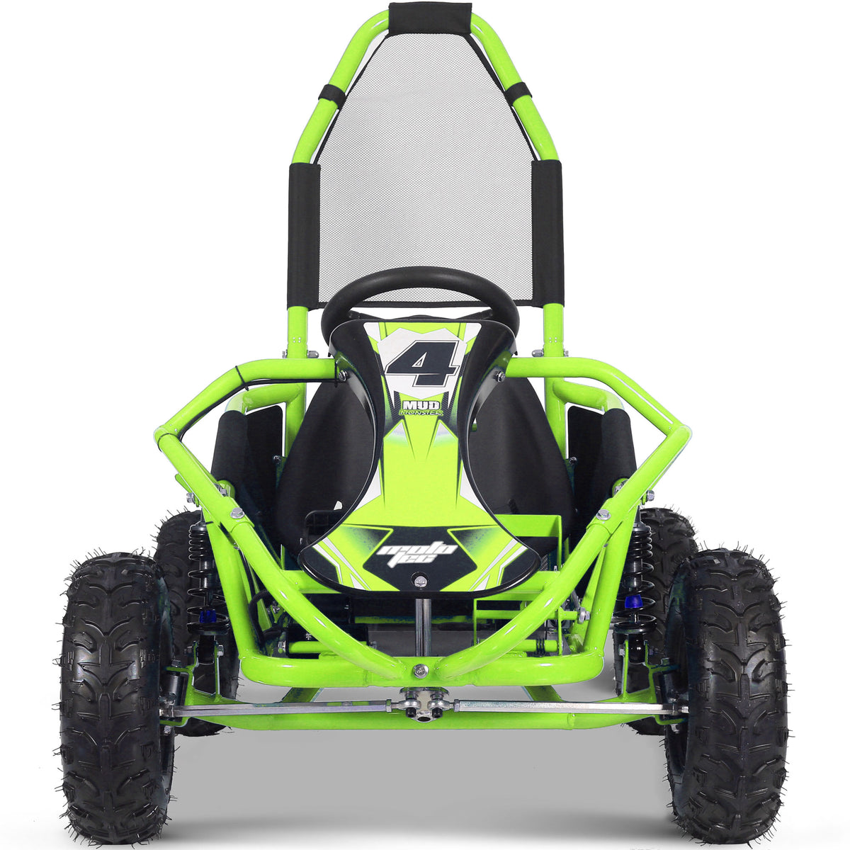 Close-up of MotoTec Mud Monster’s roll cage and adjustable seat in green
