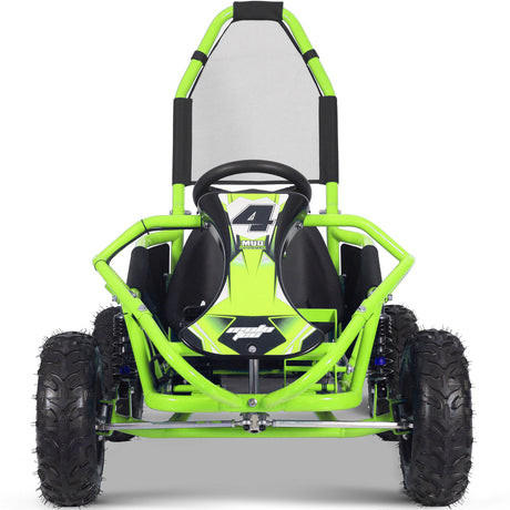 Close-up of MotoTec Mud Monster’s roll cage and adjustable seat in green