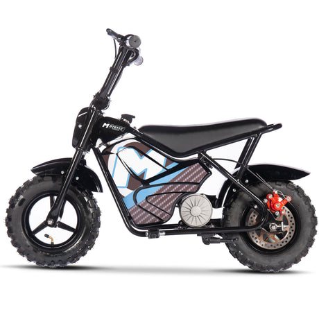 Side view of MotoTec 24v 250w Electric Mini Bike Black showing 17-inch seat height