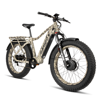 Rambo Megatron 4.0 AWD E-Bike powering through muddy trail with dual motors