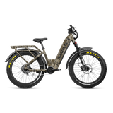 "Rambo Rebel 2.0 SS e-bike navigating forest trail in Mossy Oak camo"  

